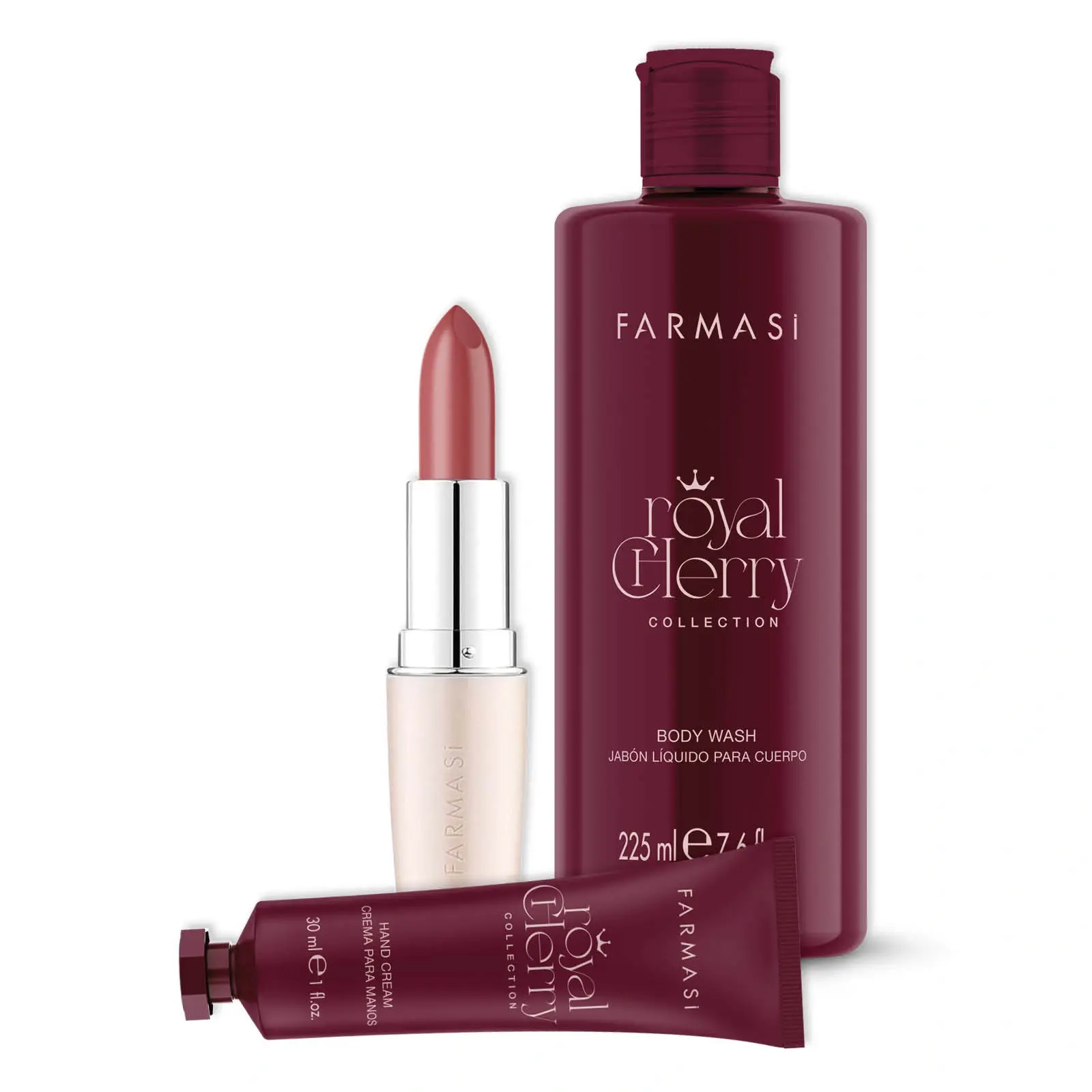 image of SET 3/1 CHERRY BODY WASH,CHERRY HAND CREAM,CREAMY LIPSTK 05